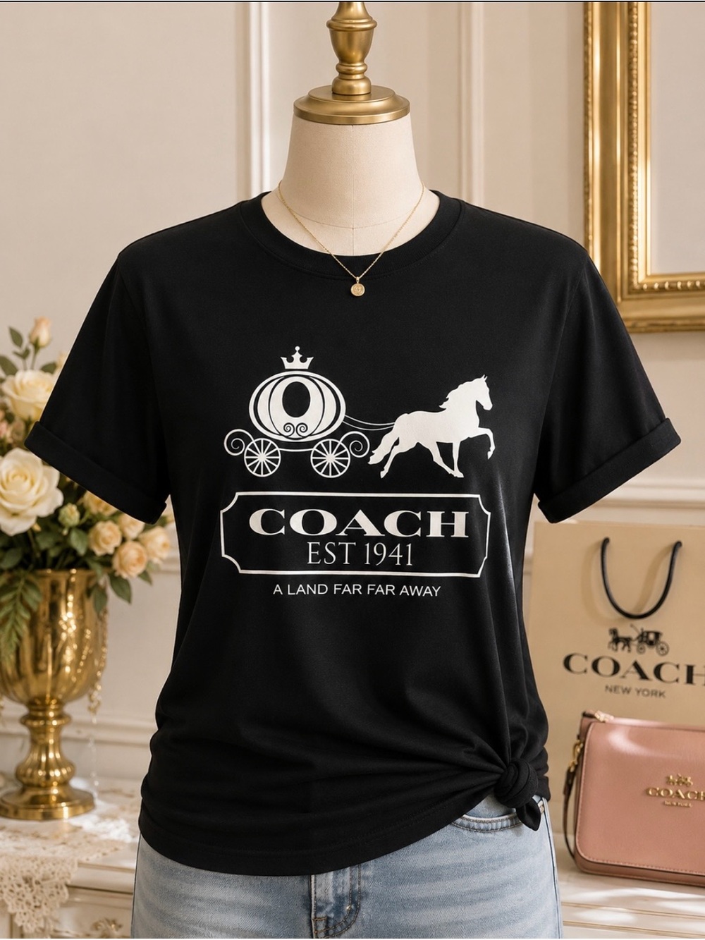 Inspired  Black Tee with White Carriage & Horse Graphic